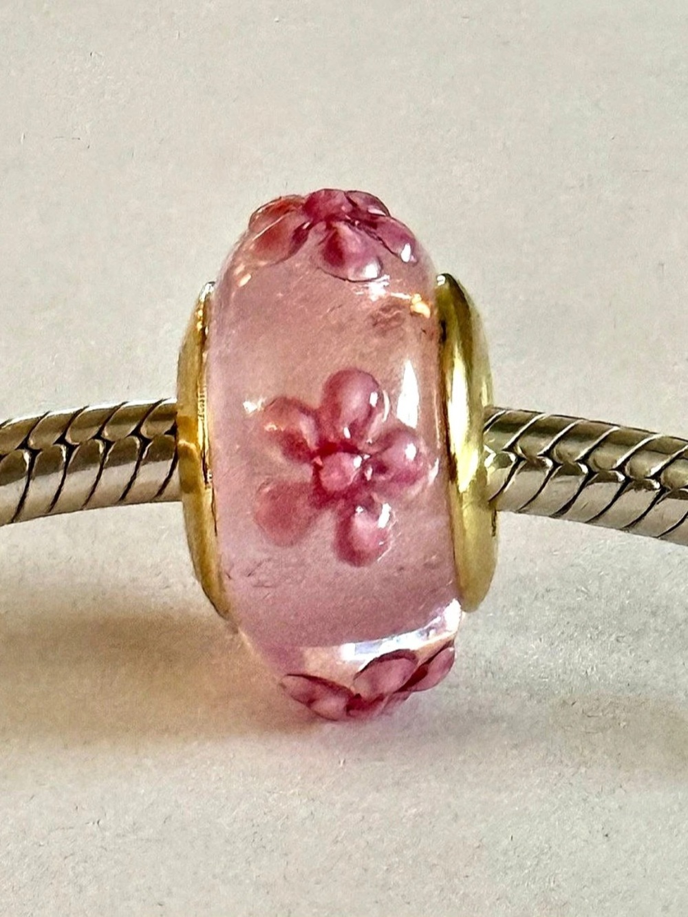 Pink Flowers Murano Glass charm with gold core fit Pandora Bracelet